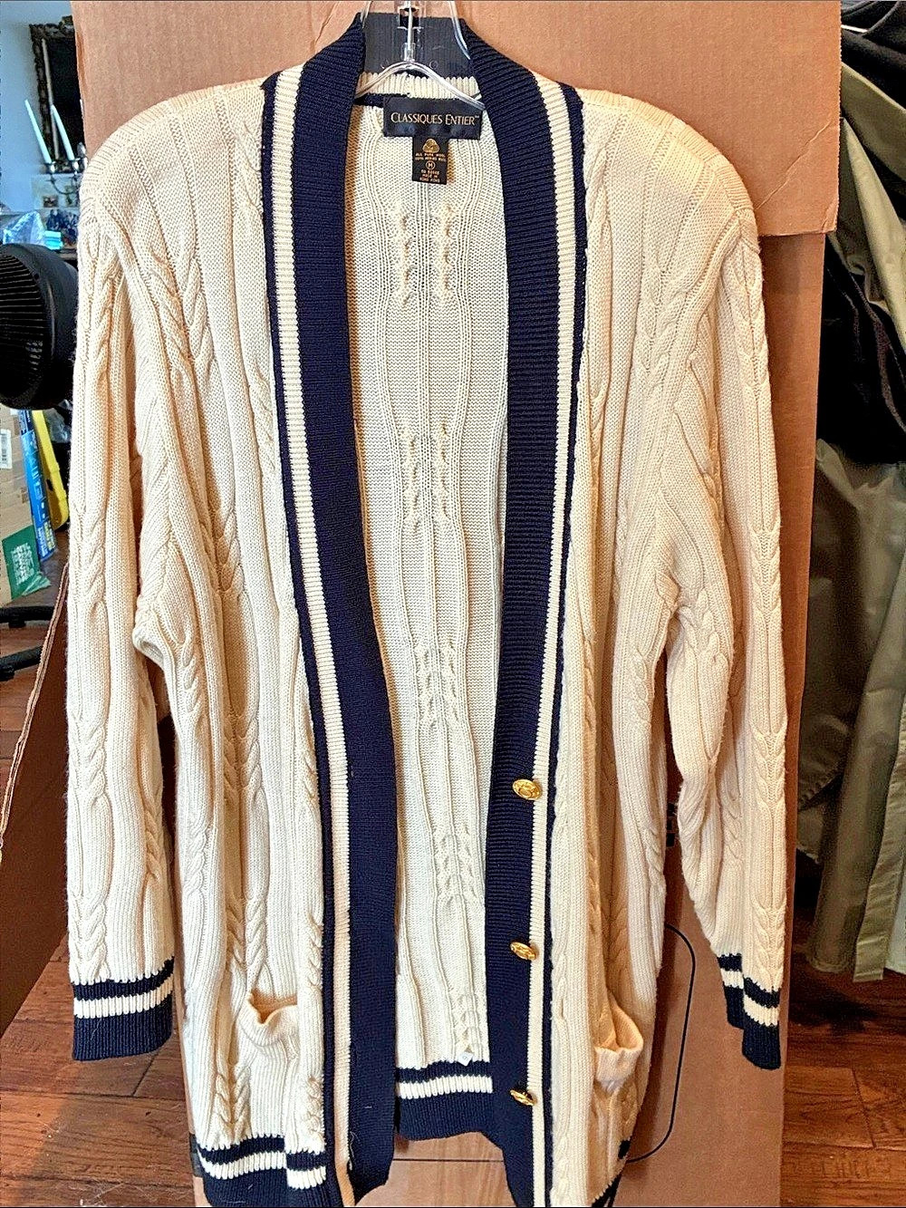 Classiques Entier Cable Knit Wool Cardigan in Cream & Black Size Medium